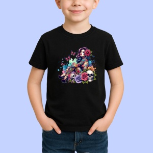 Tricou Tattooed girl with skulls and flowers, fata tatuata cu cranii si flori, Copii | Dama | Barbat , tricou negru - Img 2