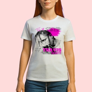 Tricou Travis Scott - Portret alb-negru cu roz, muzica RAP, Dama | Barbat | Copii - Img 2