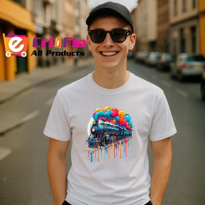 Tricou Tren cu baloane colorate si vopsea fundal alb Copii | Dama | Barbat - Img 5