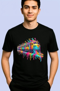 Tricou Tren in miscare cu vopsea curcubeu si splash Copii | Dama | Barbat, culoare negru - Img 2
