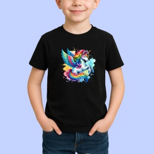 Tricou Unicorn with wings flying smile, unicorn cu aripi zambitor si colorat, Copii | Dama | Barbat , tricou negru - Img 2
