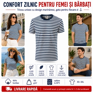 Tricou Unisex Damă și Bărbat Malfini 803 Sailor, Tip Marinăresc cu Dungi Alb–Albastru Marin, 100% Bumbac, 150 g/m², XS–3XL - Img 2