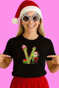 Tricou V Litere Craciun Cu Mos Si Grinch, din bumbac 100% Copii | Dama | Barbat
