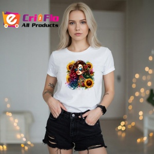 Tricou wavy hair girl cool glasses sunflower, fata cu par ondulat ochelari cool si floarea soarelui, Copii | Dama | Barbat - Img 10