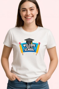 Tricou Welcome Back To School Palarie Absolvire Creioane, din bumbac 100% , tricou alb pentru Copii | Dama | Barbat - Img 3