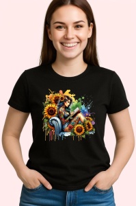 Tricou Woman sitting with sunflowers, femeie asezata cu floarea soarelui, Copii | Dama | Barbat , tricou negru - Img 3