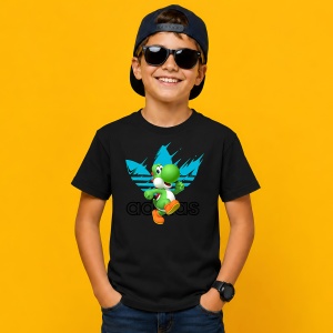 Tricou Yoshi Dinozaurul Logo Albastru Splash Urban Gaming Art, din bumbac 100%, tricou negru, Copii | Dama | Barbat - Img 3