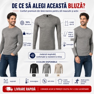 Bluză Bărbați Malfini Merino Rise LS 159, 100% Lână Merino, 190 g/m², Mânecă Lungă, Slim Fit, Termoreglare, Anti Miros, Mărimi S–3XL - Img 2