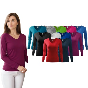 Femeie imbracata intr-o bluza pentru femei cu maneca lunga de culoare rododendron si pantaloni deschisi la culoare prezentand culorile disponibile cum ar fi galben,rosu,turcoaz,albastru,gri,negru,alb,roz