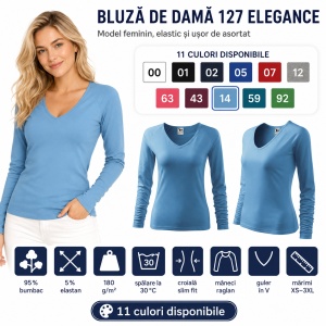 Bluză Damă Malfini Elegance 127 cu Mânecă Lungă și Guler V, 95% Bumbac – XS–3XL - Img 9