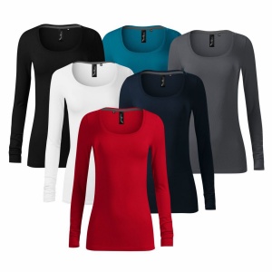 Imagine de prezentare pentru bluza dama cu maneci lungi si decolteu adanc si culorile disponibile negru, rosu, alb, albastru