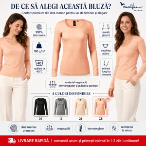 Bluză Damă Malfini Premium Merino Rise LS 160 – 100% Lână Merino, Mânecă Lungă, Slim Fit - Img 2