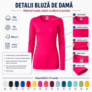 Bluză Damă Slim cu Mânecă Lungă, Bumbac 95% – 15 Nuanțe, XS–3XL - Img 5