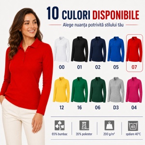 Bluză Polo Damă cu Mânecă Lungă Malfini, Croială Cambrată, Guler Polo Raiat, 4 Nasturi, 10 Culori, Mărimi XS–2XL - Img 7