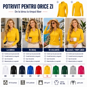 Bluză Polo Damă cu Mânecă Lungă, Slim Fit, Cambrată, Guler Pique Polo, 10 Culori, XS–2XL - Img 6