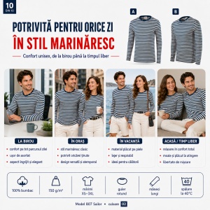 Bluză unisex damă și bărbat Malfini 807 Sailor, tip marinăresc, mânecă lungă, 100% bumbac, 150 g/m² - Img 7