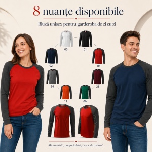 Bluză Unisex Damă și Bărbat Rimeck 130 Street LS, Bicoloră, Mâneci Lungi Raglan, 100% Bumbac, 180 g/m², S–4XL