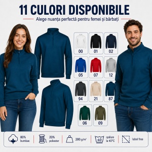 Bluză Unisex Damă și Bărbat tip Hanorac fără Glugă, cu Fermoar Scurt și Guler Înalt – Summit 429
