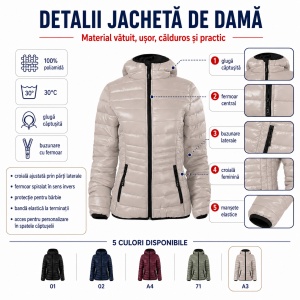 Geacă Damă tip Jachetă Matlasată cu Glugă, Ușoară și Călduroasă – Everest 551 - Img 2