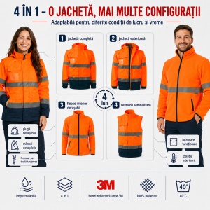 Geacă Unisex Bărbat Damă tip Jachetă și Vestă de Lucru 4 în 1, Reflectorizantă și Impermeabilă – HV Guard - Img 6