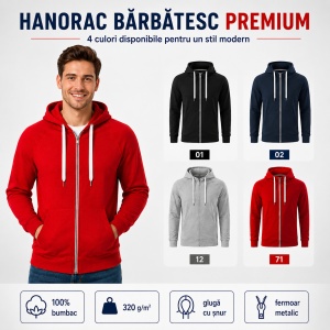 Hanorac bărbătesc cu fermoar 452 Voyage, 100% bumbac, 320 g/m², glugă cu șnur, buzunar marsupiu, 4 culori, mărimi S–3XL