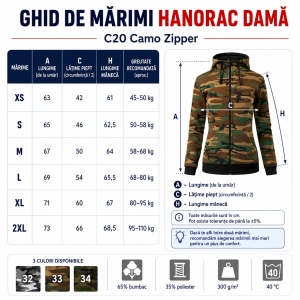 Hanorac Camuflaj Damă cu Glugă și Fermoar Malfini C20 Camo Zipper – 300 g/m² - Img 4