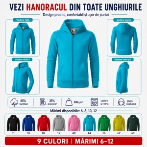 Hanorac Copii Băiat sau Fată cu Fermoar și Glugă – 65% Bumbac, Interior Pieptănat, 300 g/m² | 6–12 Ani - Img 7