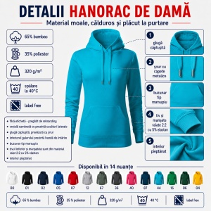 Hanorac Damă cu Glugă și Buzunar Marsupiu Malfini F14 Cape Free – 320 g/m² - Img 3