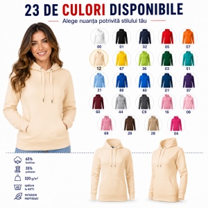 Hanorac Damă cu Glugă și Buzunar Tip Marsupiu Malfini 414 Cape – 320 g/m²