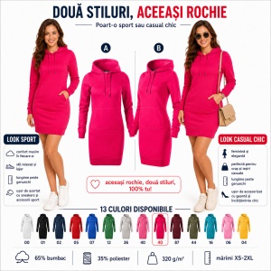 Hanorac Lung Tip Rochie Damă cu Glugă și Buzunar Marsupiu Malfini 419 Snap – 320 g/m² - Img 6
