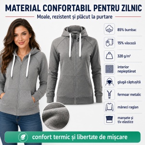 Hanorac Premium Damă cu Glugă și Fermoar Malfini 451 Voyage – 320 g/m² - Img 6