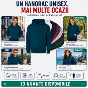 Hanorac Unisex Damă și Bărbați cu Glugă – 60% Bumbac, Interior Pieptănat, 280 g/m², XS–4XL - Img 8