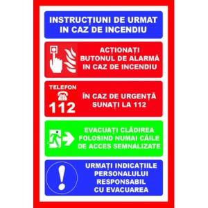 Indicator Cu instructiuni de urmat in caz de incendiu, Sticker autocolant