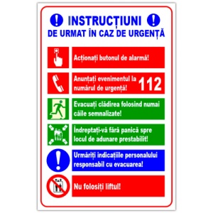 Indicator Panou pentru instructiuni de urmat in caz de urgenta, Sticker autocolant
