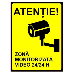 Indicator Semn pentru zona monitorizata video 24 din 24 ore, Sticker autocolant