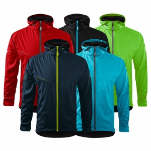 Imagine de prezentare pentru jacheta softshell si culorile disponibile albastru, turcoaz, rosu, verde, rosu