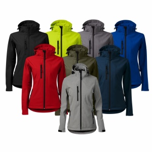 Imagine de prezentare pentru jacheta softshell si culorile disponibile negru, alb, rosu, albastru, galben, gri