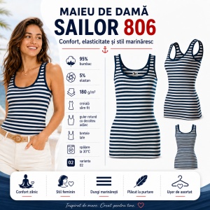 Maieu Top Damă Marinăresc cu Dungi Alb, tricou fără mâneci -Albastru Marin – Malfini 806 Sailor, 95% Bumbac, Slim Fit - Img 2