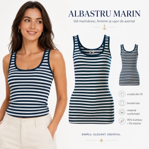 Maieu Top Damă Marinăresc cu Dungi Alb, tricou fără mâneci -Albastru Marin – Malfini 806 Sailor, 95% Bumbac, Slim Fit - Img 12