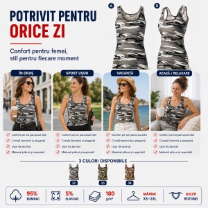 Maiou damă Malfini Camo Triumph C36, top camuflaj slim fit, 95% bumbac, XS–2XL, 3 nuanțe - Img 7