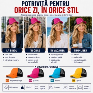 Șapcă Trucker Unisex, Damă, Reglabilă, cu Plasă – 100% Bumbac, 5 Panouri, Cozoroc Curbat - Img 3