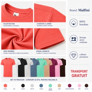 Set 10 Tricouri Bărbați 100% Bumbac – Multicolor, Coral, Alb, Negru, Gri Ice, Denim, Verde Mentă, Nisip, Rododendron, Roz și Cafea | S-3XL - Img 8
