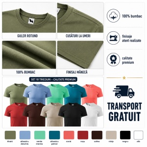 Set 10 Tricouri Bărbați 100% Bumbac Extra Calitate – Khaki, Albastru Deschis, Verde Mentă, Albastru Petrol, Coral, Roșu, Negru, Gri Ardezie, Gri Ice și Alb - Img 8