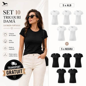Set 10 Tricouri Damă Basic, 5 Albe + 5 Negre, 100% Bumbac, La Baza Gâtului – Malfini - Img 3