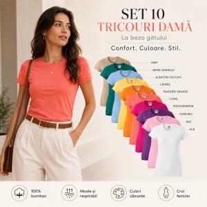 Set 10 tricouri simple dama din bumbac 100%, basic casual cu maneca scurta pentru femei 134