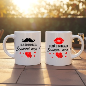 Set 2 cani albe personalizate pentru cupluri Buna dimineata Scumpul Scumpa mea ! - Img 1