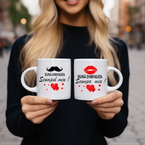 Set 2 cani albe personalizate pentru cupluri Buna dimineata Scumpul Scumpa mea ! - Img 3