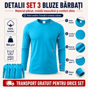 Set 3 Bluze Bărbați 100% Bumbac, Mâneci Lungi, Slim Fit, 160 g/m², Aceeași Culoare, 14 Culori Disponibile, Mărimi S–3XL - Img 2