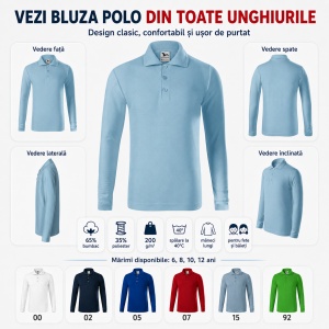 Set 3 Bluze Polo Copii Malfini cu Mânecă Lungă, 65% Bumbac, Unisex Fete și Băieți, 6–12 Ani, 6 Culori - Img 5
