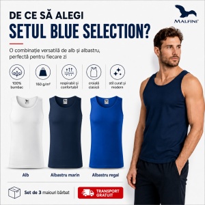 Set 3 Maiouri Bărbat Blue Selection, Alb, Albastru Marin și Albastru Regal, 100% Bumbac, Maieu Sport, Tricou Fără Mâneci, Mărimi S–2XL - Img 2